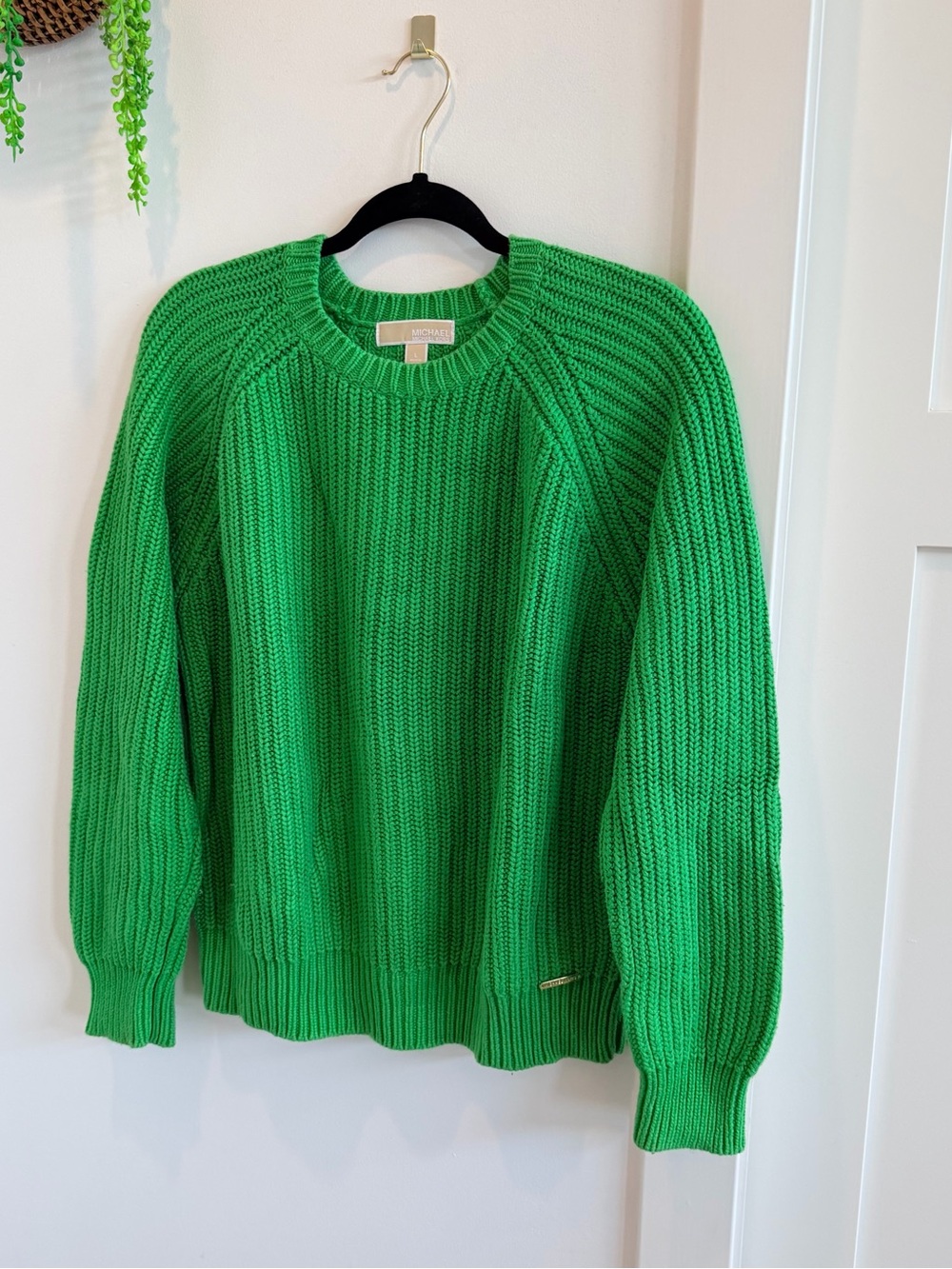 Michael Kors Bright Green Ribbed Knit Womens Long Sleeve Crewneck Sweater Size L - Picture 3 of 10